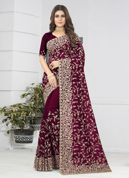 Designer Georgette Wine Diamond Saree