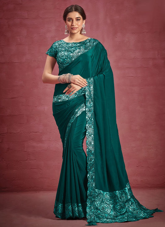 Designer Faux Crepe Georgette Green Patch Border Saree