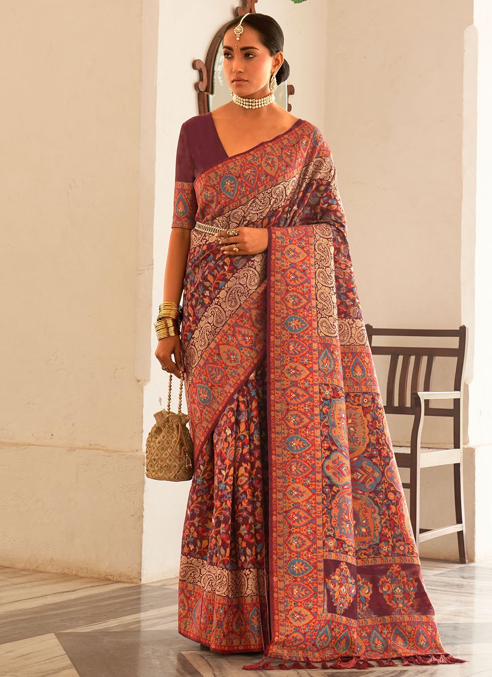 Designer Pashmina Brown Kashmiri Saree