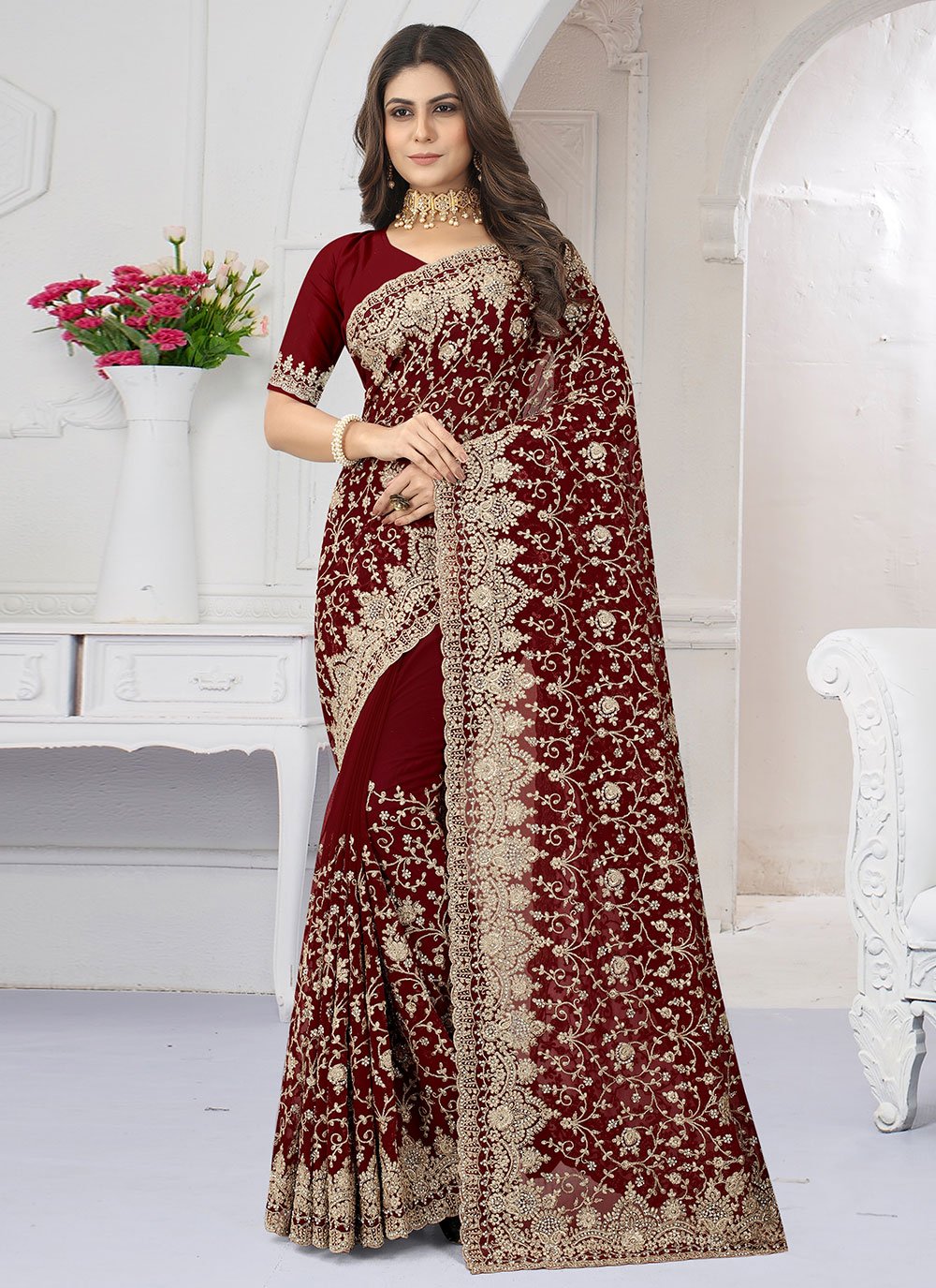 Designer Georgette Maroon Diamond Saree