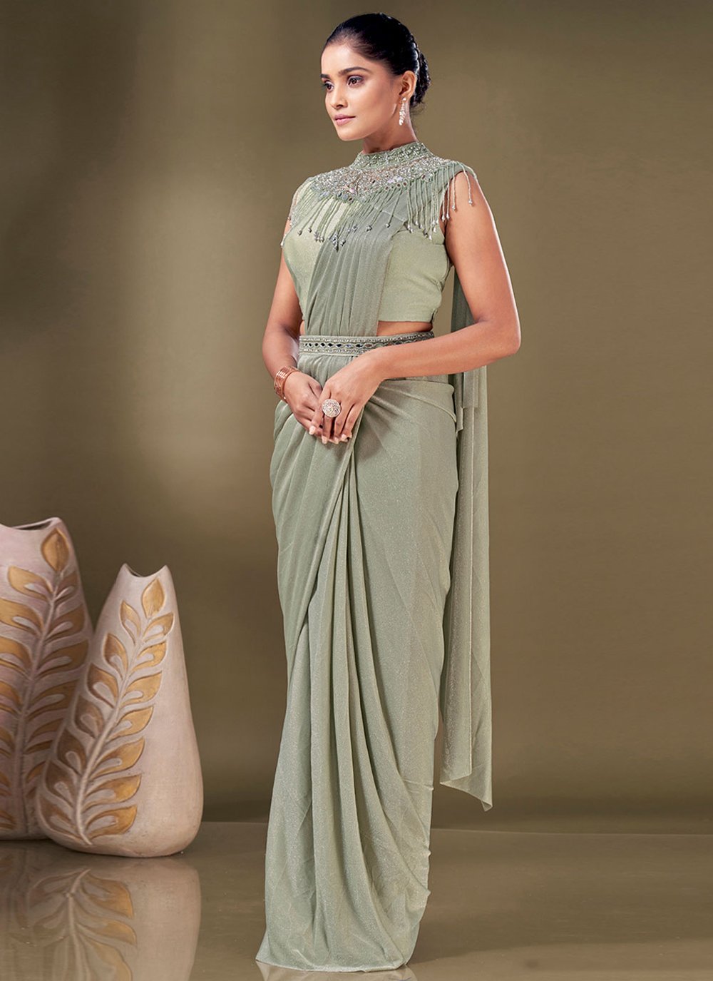 Designer Imported Green Plain Saree