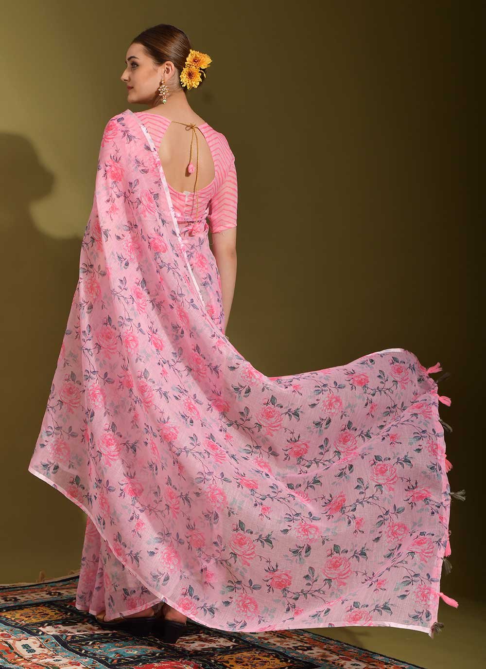 Designer Linen Pink Print Saree