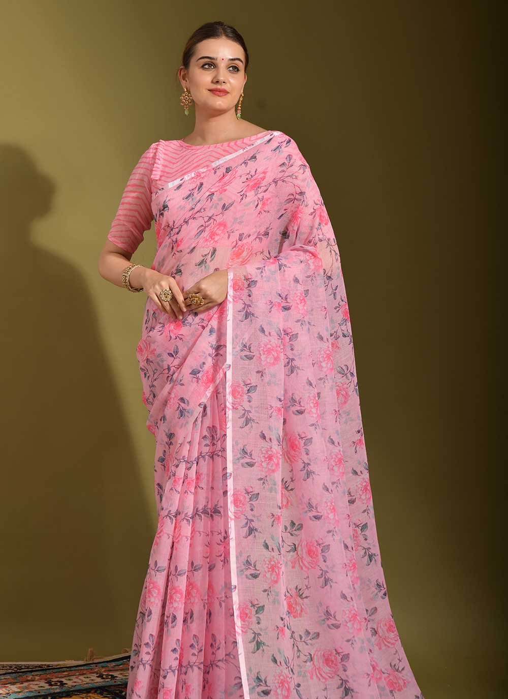 Designer Linen Pink Print Saree