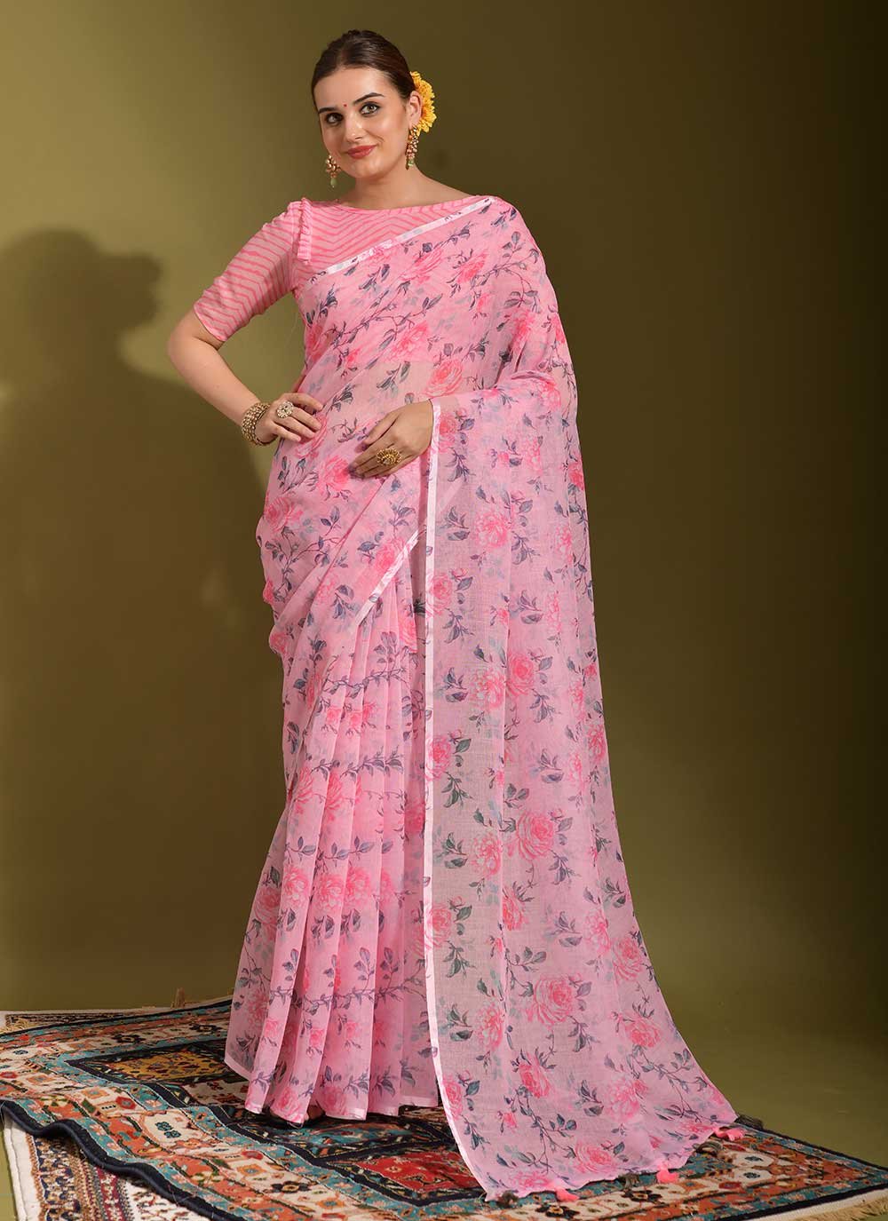 Designer Linen Pink Print Saree