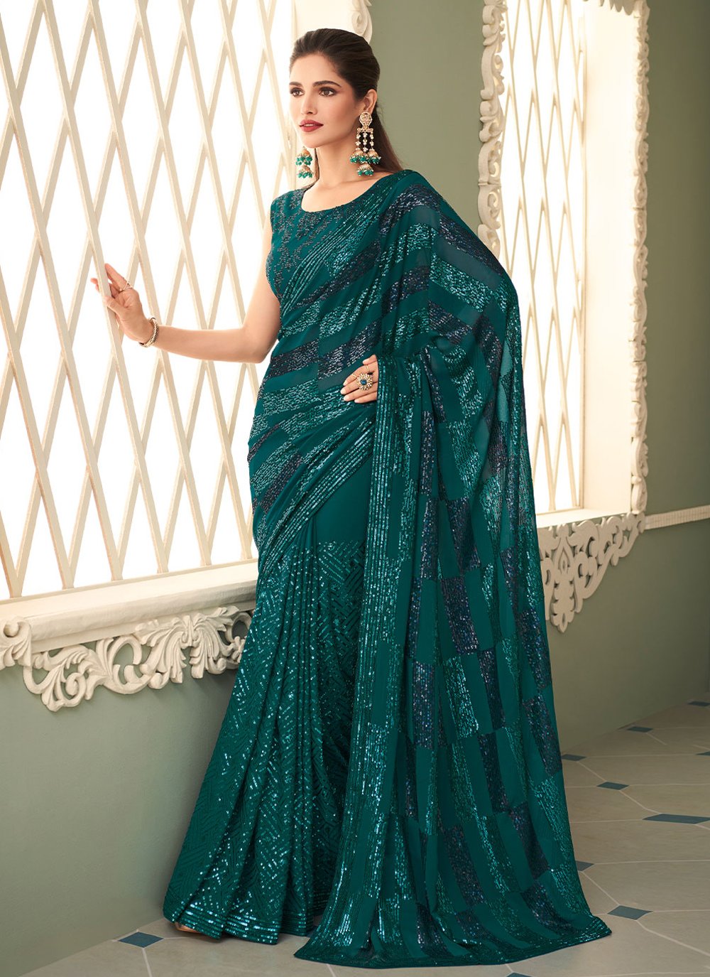 Designer Georgette Green Embroidered Saree