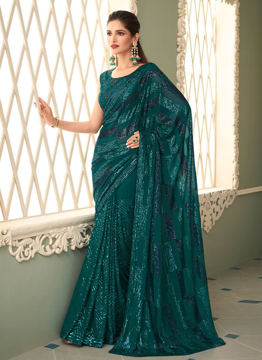 Designer Georgette Green Embroidered Saree