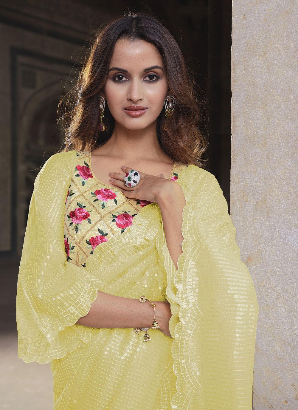 Designer Net Yellow Embroidered Saree