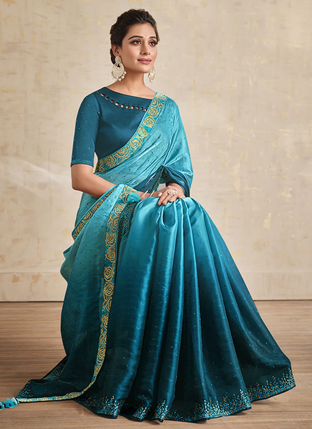 Designer Satin Silk Blue Swarovski Saree