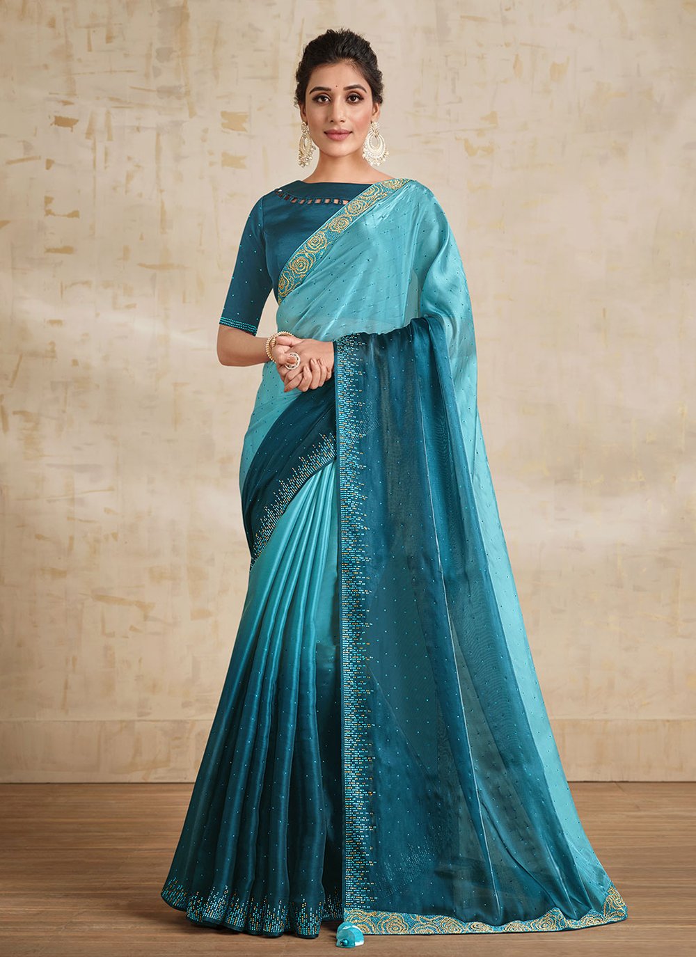 Designer Satin Silk Blue Swarovski Saree