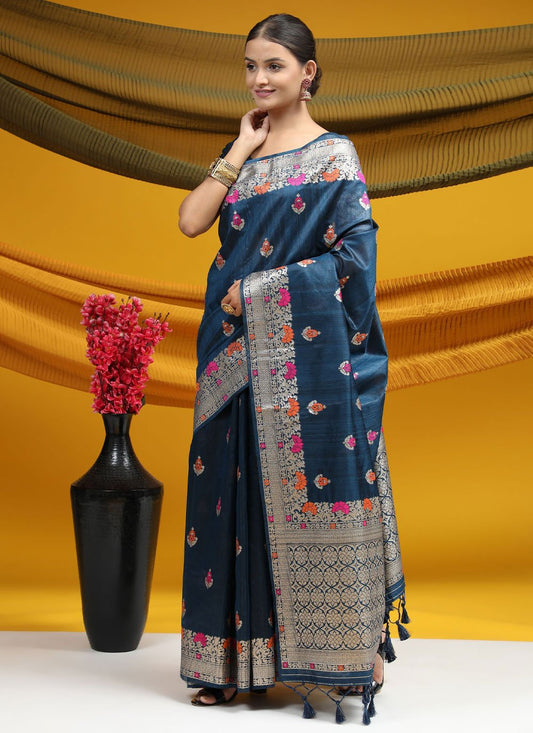 Designer Tussar Silk Blue Meena Saree