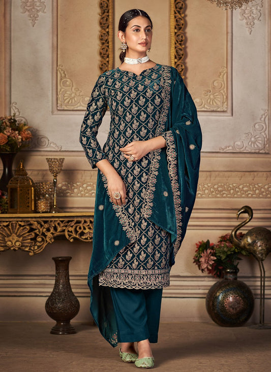 A Line Lehenga Velvet Firozi Embroidered Salwar Kameez