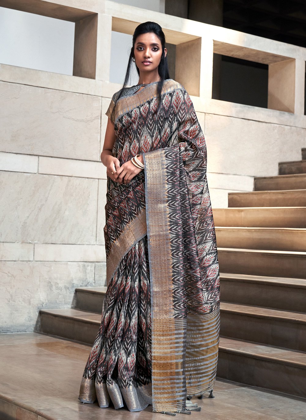 Traditional Saree Silk Black Digital Print Saree