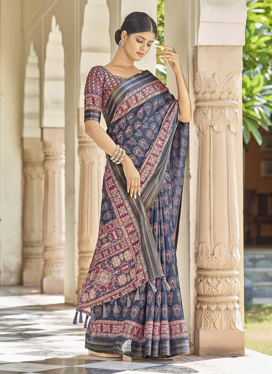 Traditional Saree Silk Blue Digital Print Saree