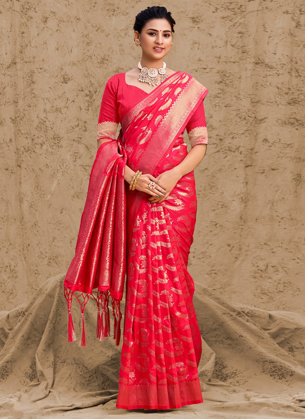 Traditional Saree Silk Magenta Foil Print Saree