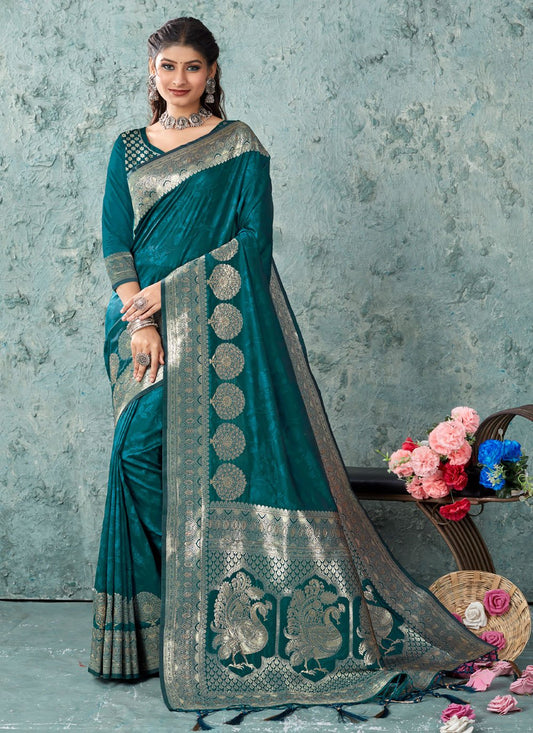 Traditional Saree Banarasi Silk Teal Foil Print Saree