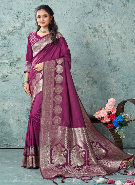 Traditional Saree Banarasi Silk Purple Foil Print Saree