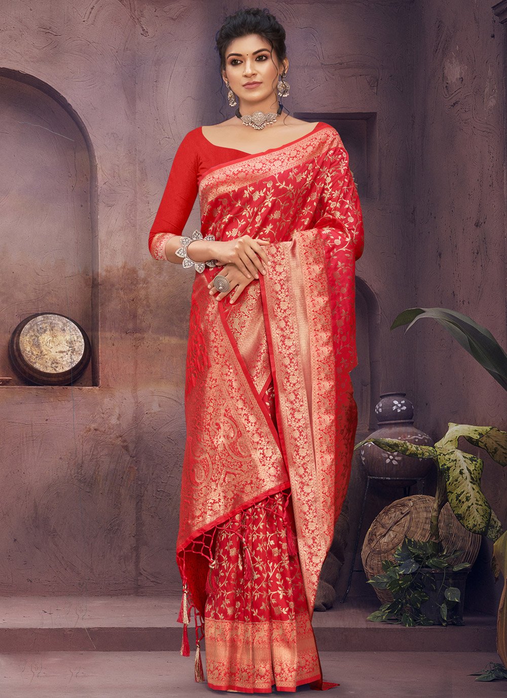 Traditional Saree Silk Red Fancy Work Saree