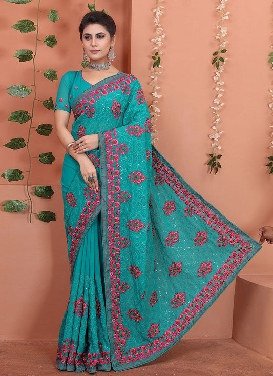 Traditional Saree Georgette Firozi Embroidered Saree