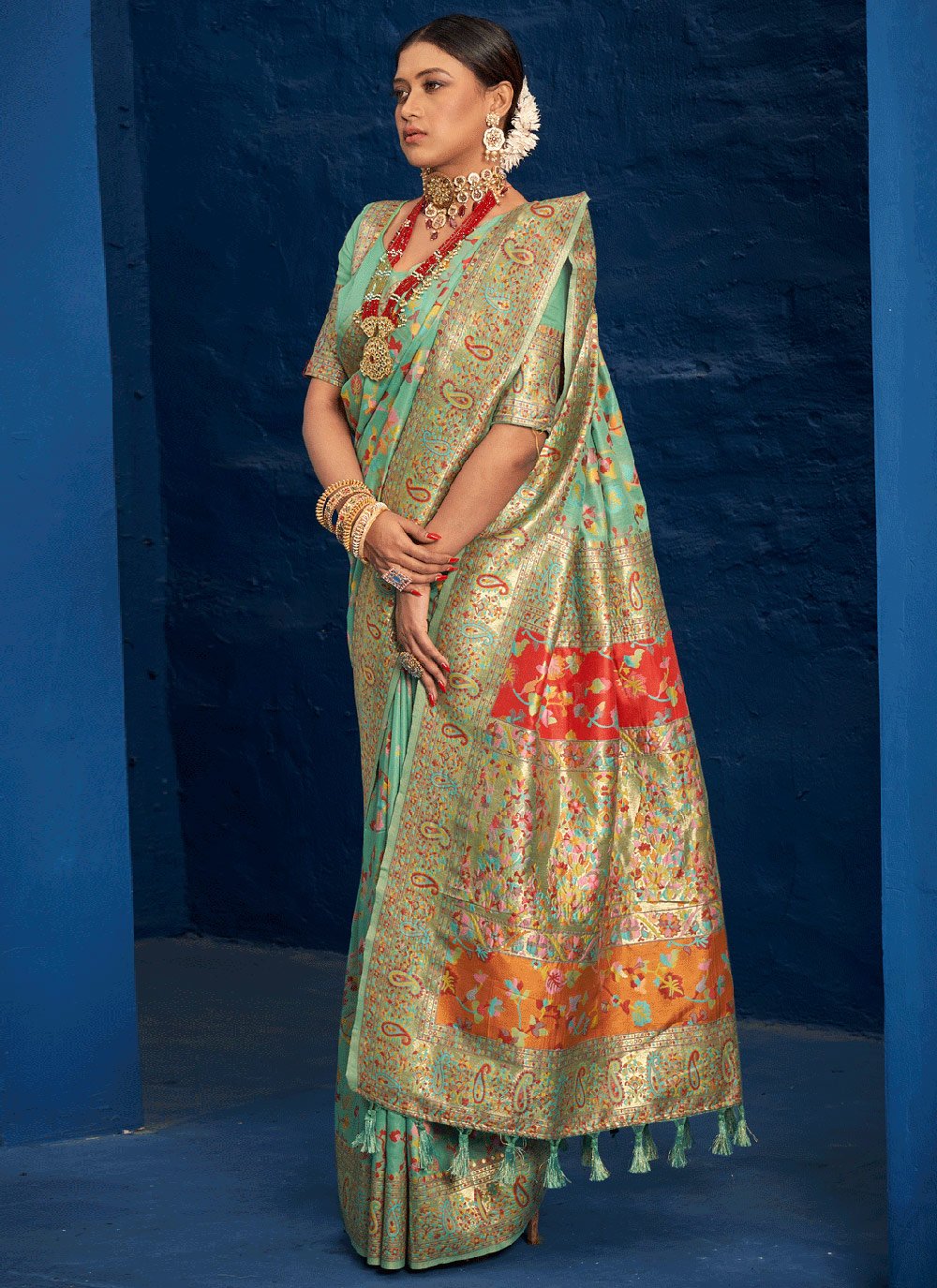 Traditional Saree Silk Green Kashmiri Saree