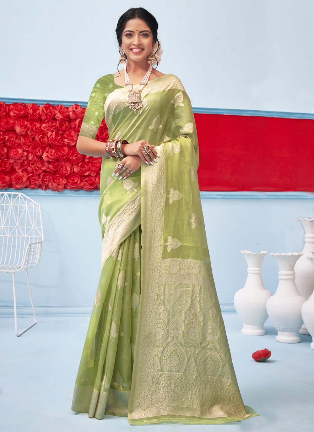 Traditional Saree Cotton Green Weaving Saree