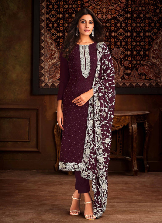 Designer Pant Style Suit Georgette Wine Embroidered Salwar Kameez