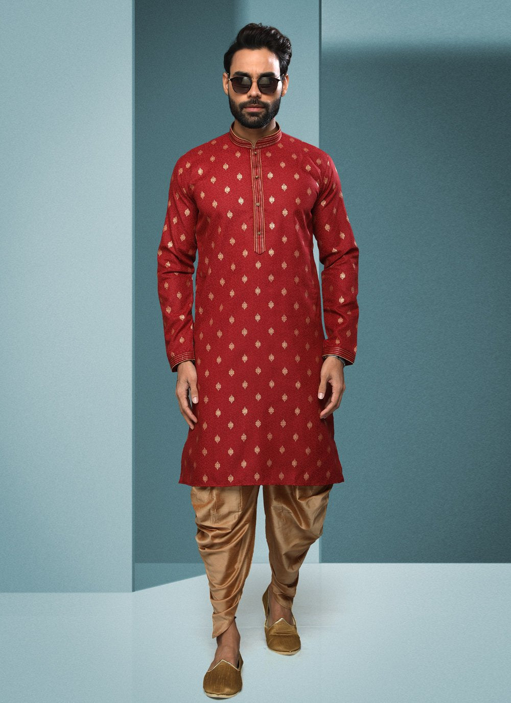 Dhoti Kurta Handloom Cotton Maroon Digital Print Mens