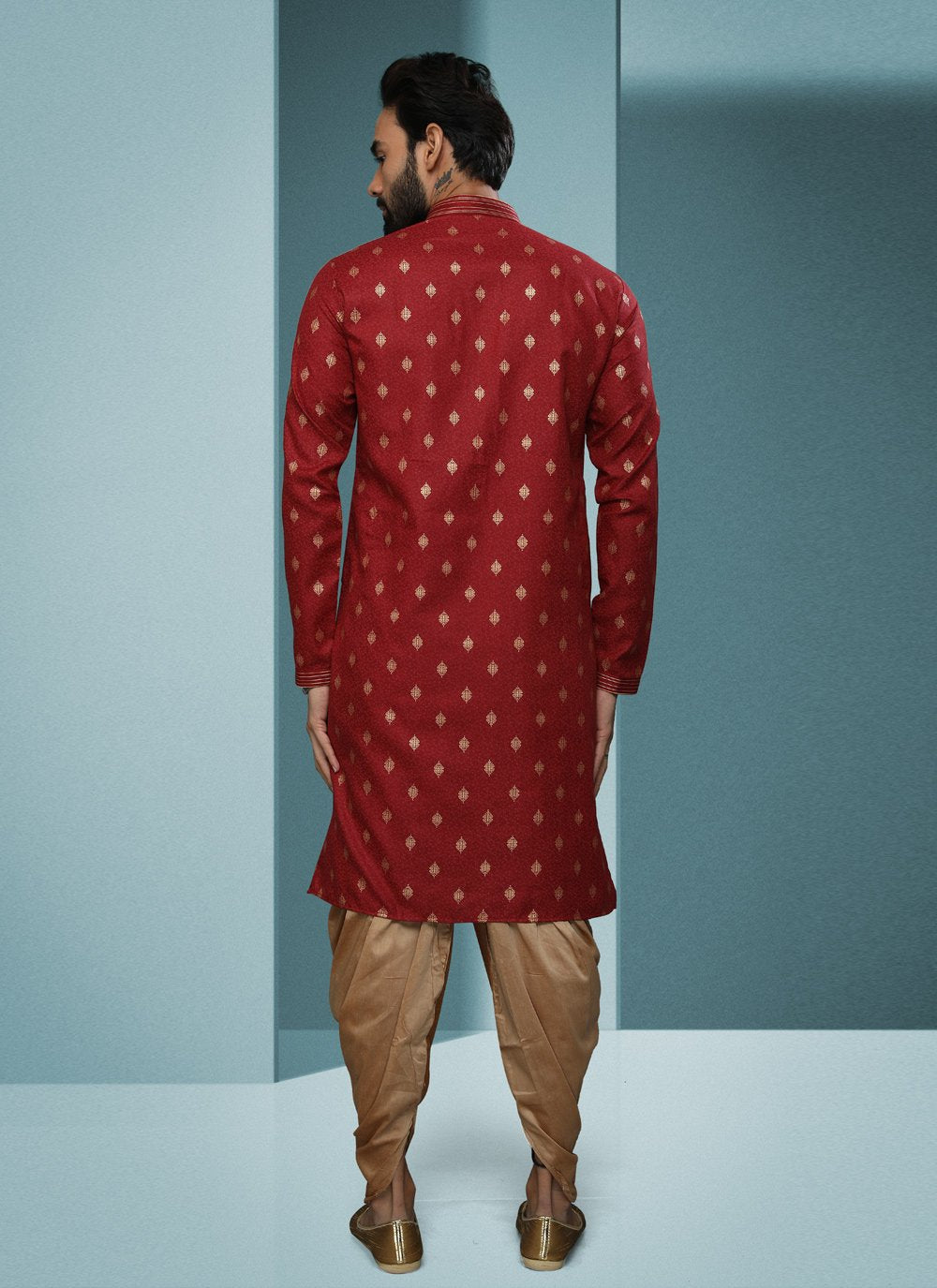 Dhoti Kurta Handloom Cotton Maroon Digital Print Mens