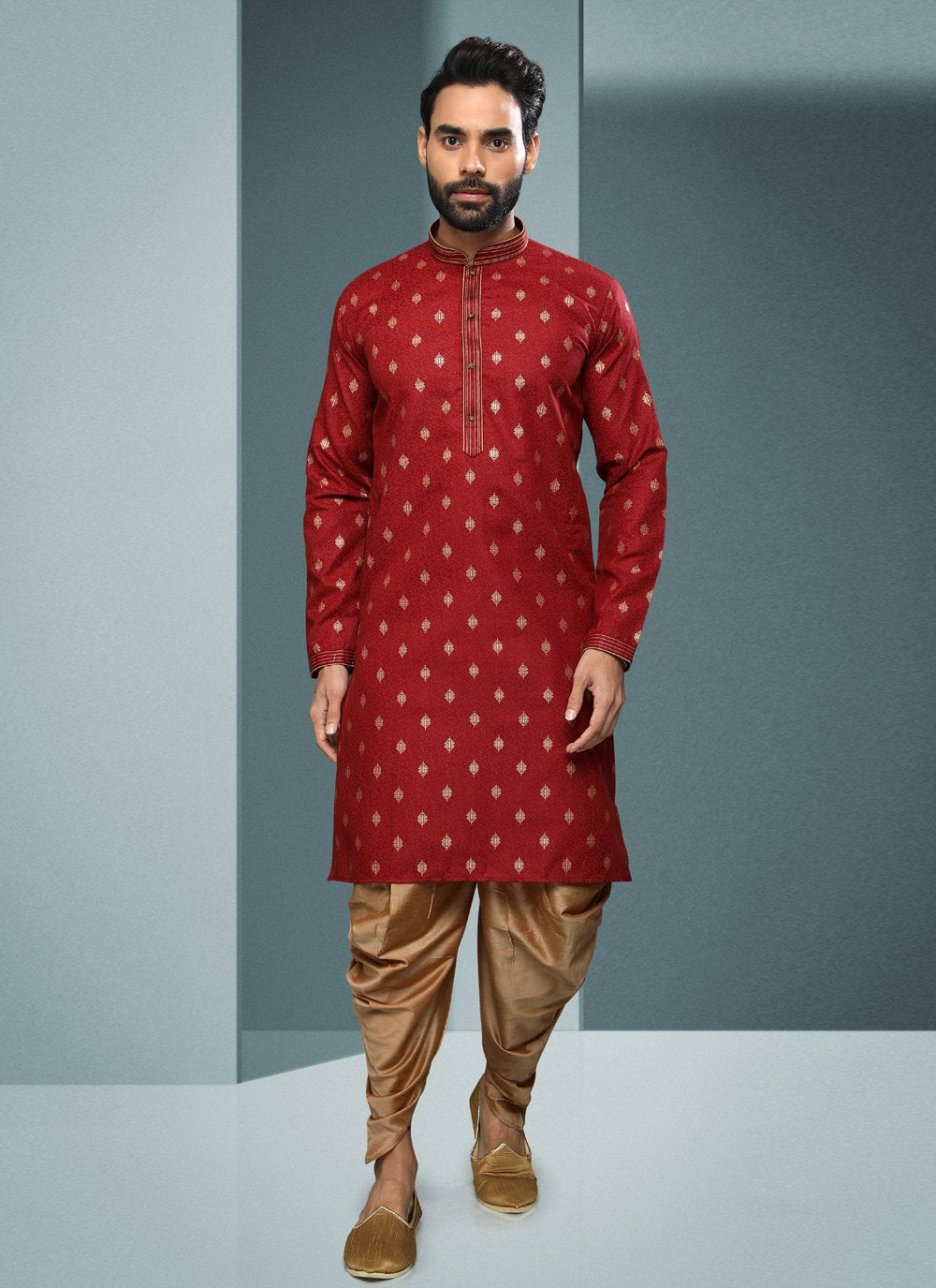 Dhoti Kurta Handloom Cotton Maroon Digital Print Mens