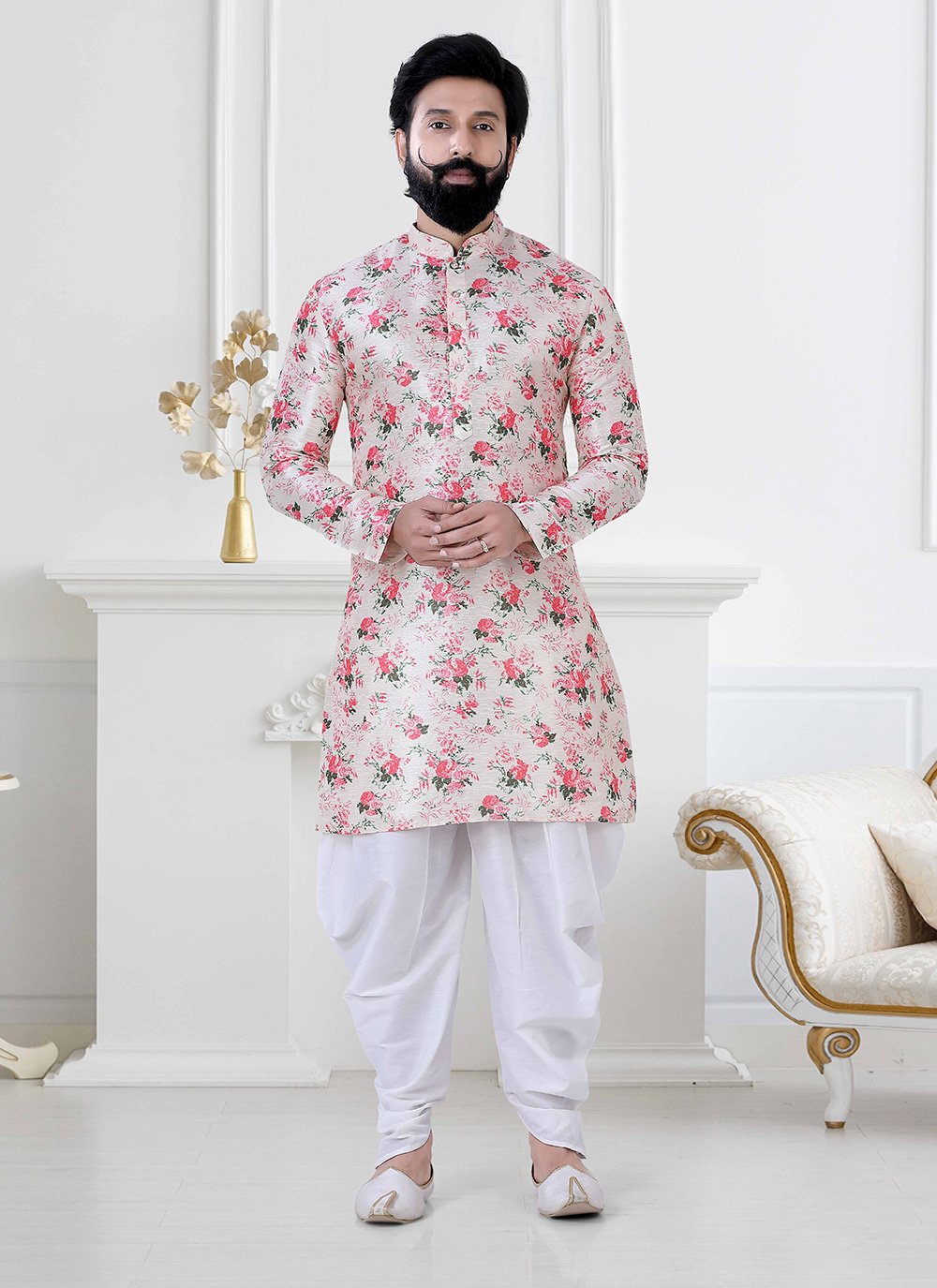 Dhoti Kurta Silk Multi Colour Floral Patch Mens