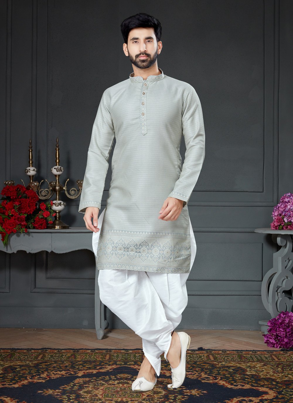 Dhoti Kurta Silk Grey Jacquard Work Mens