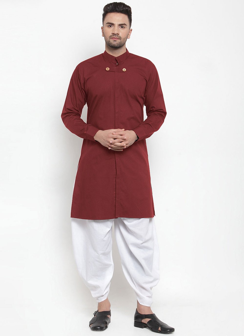 Dhoti Kurta Blended Cotton Maroon Plain Mens