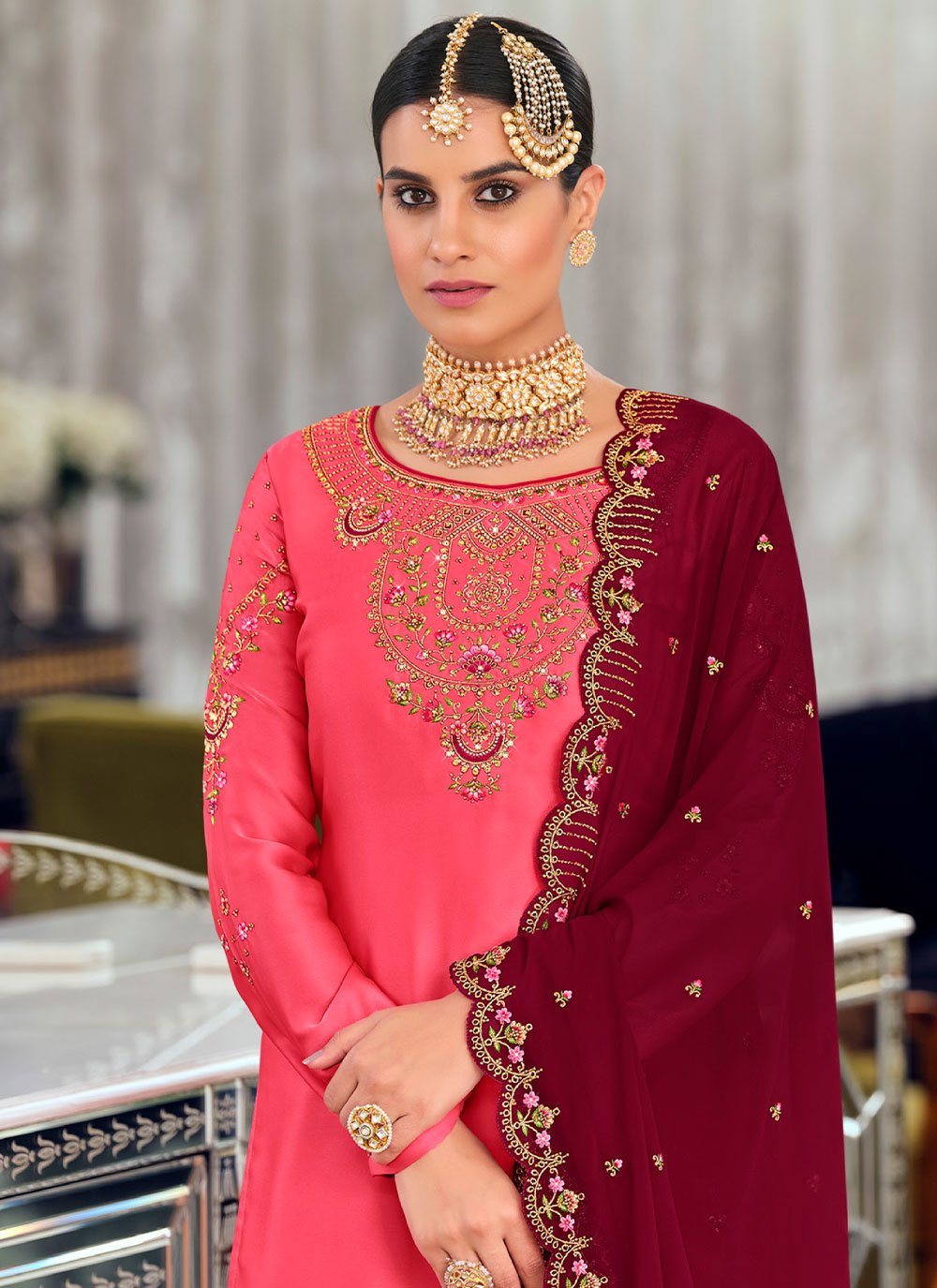 Sharara Set Georgette Satin Maroon Pink Diamond Salwar Kameez