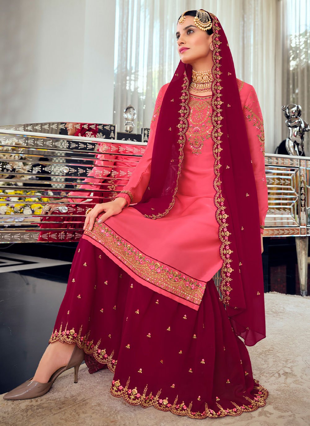 Sharara Set Georgette Satin Maroon Pink Diamond Salwar Kameez