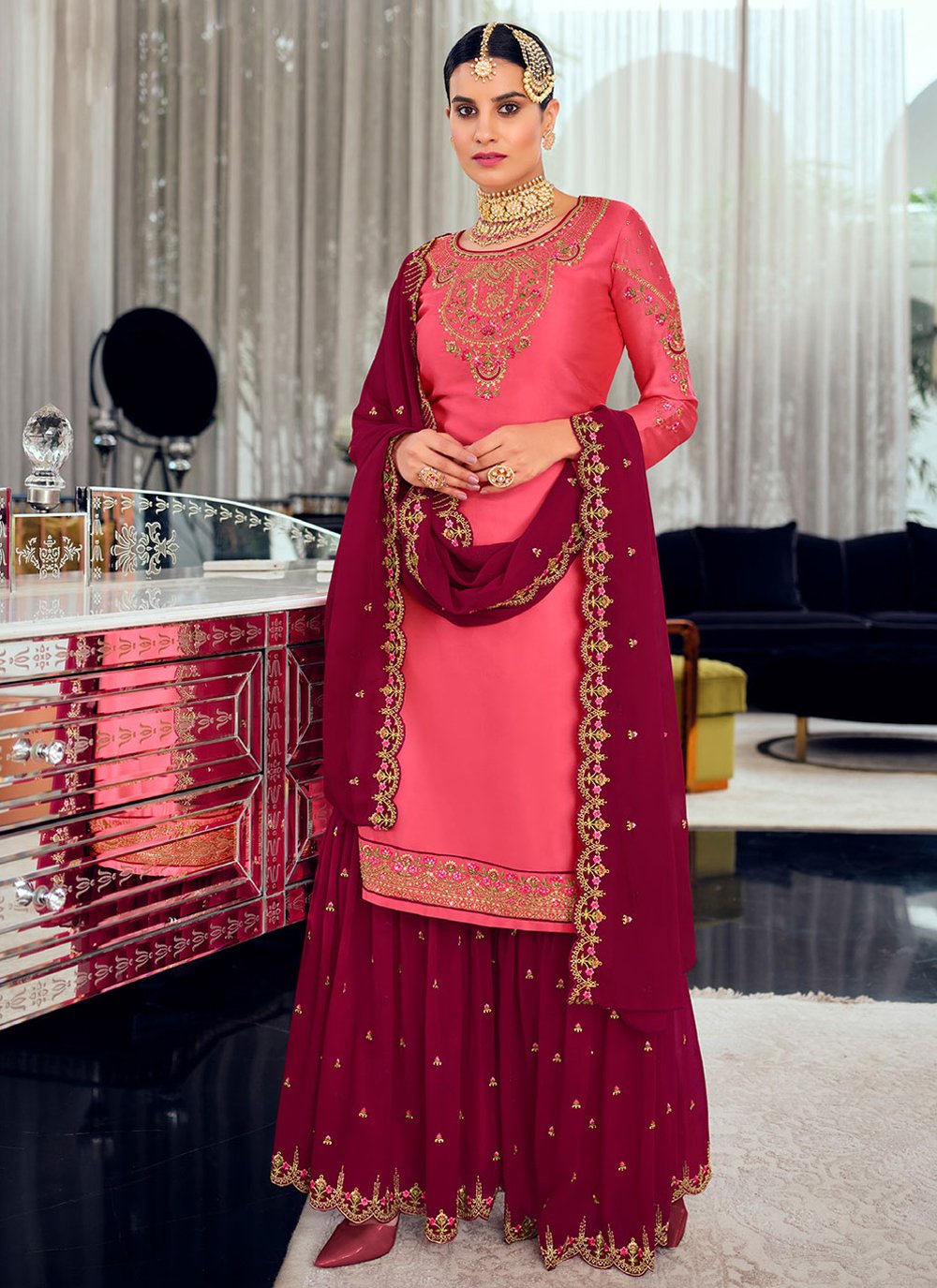 Sharara Set Georgette Satin Maroon Pink Diamond Salwar Kameez