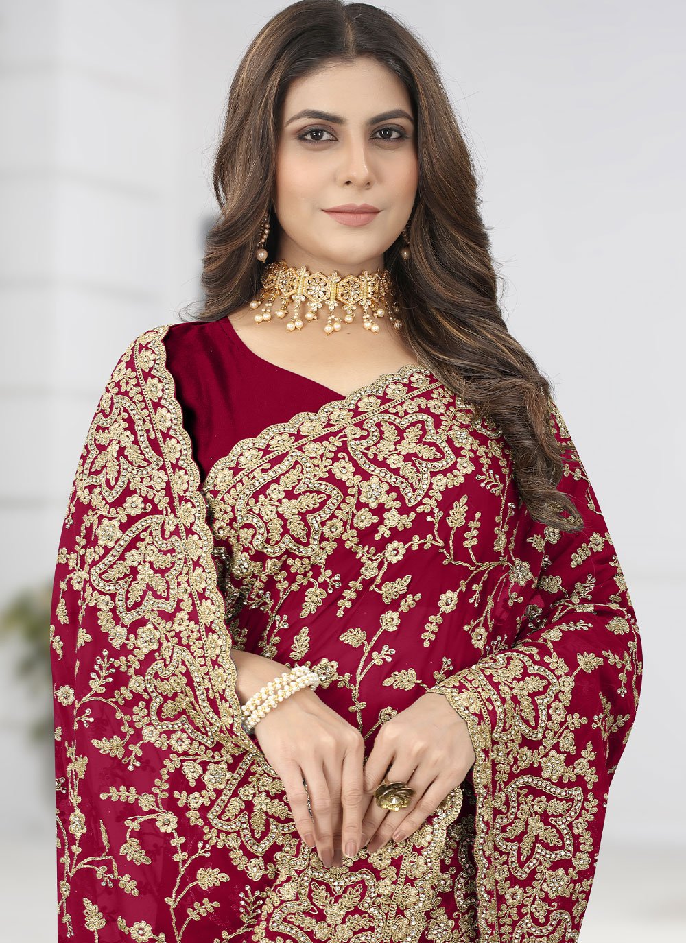 Classic Georgette Maroon Diamond Saree