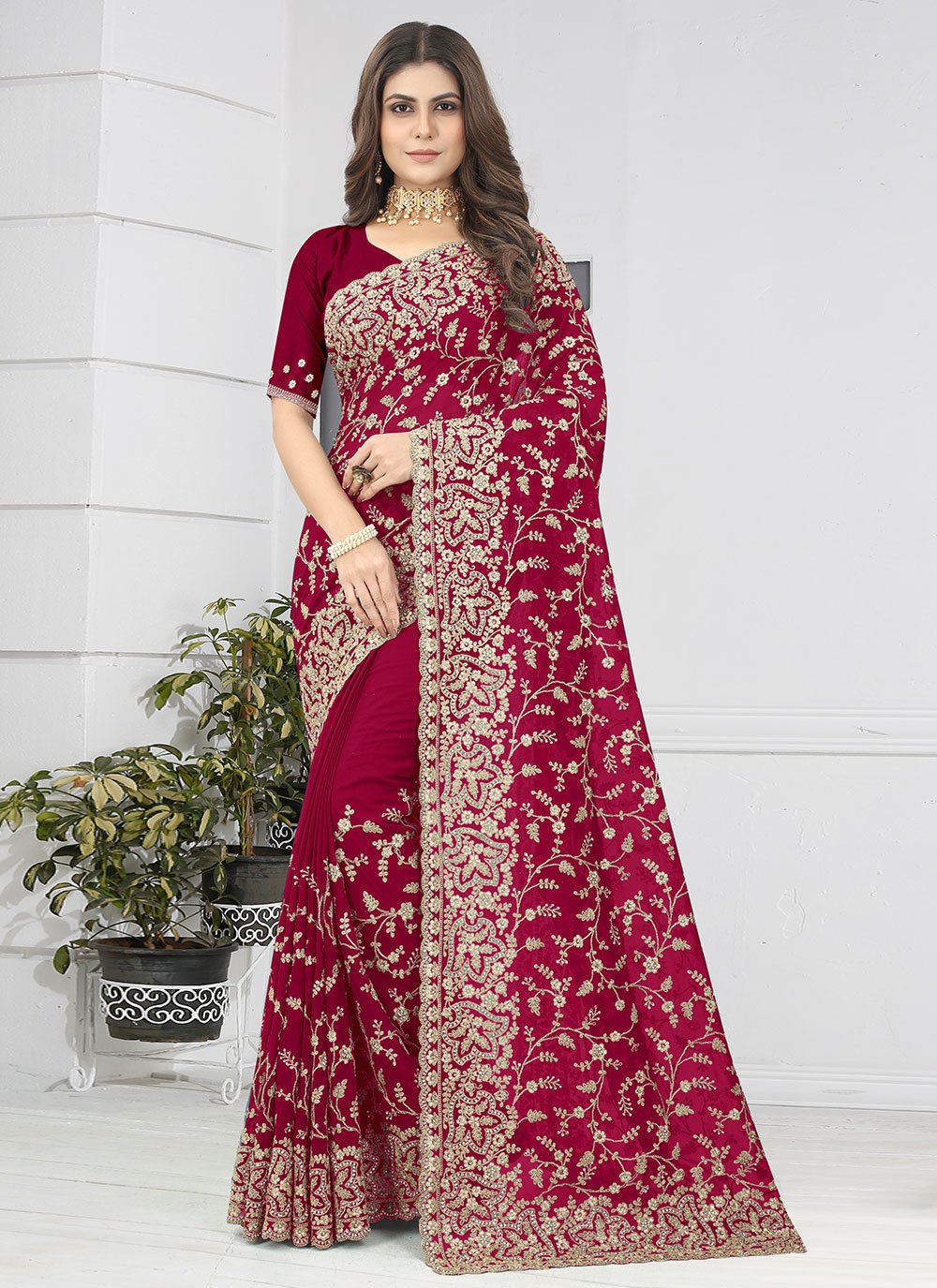 Classic Georgette Maroon Diamond Saree