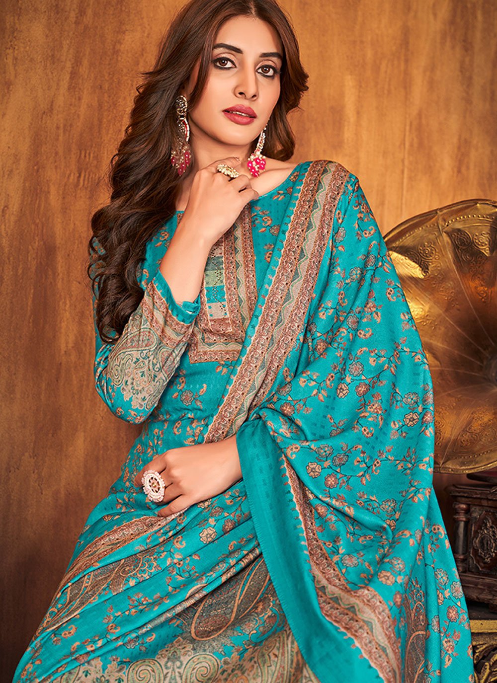 Salwar Suit Pashmina Aqua Blue Diamond Salwar Kameez