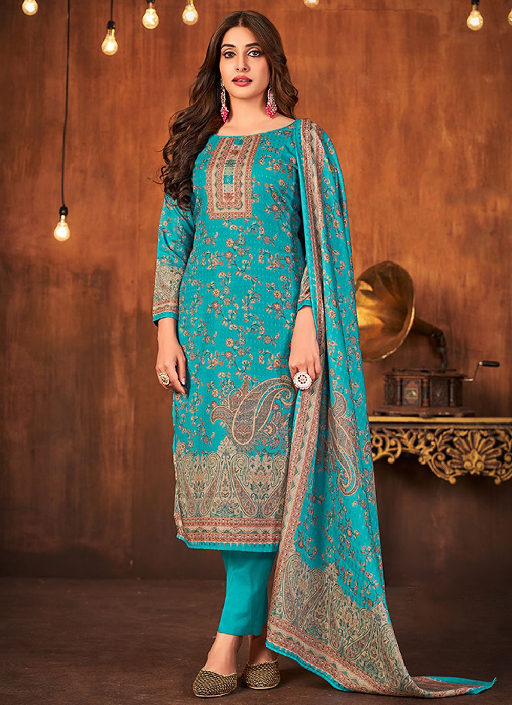 Salwar Suit Pashmina Aqua Blue Diamond Salwar Kameez