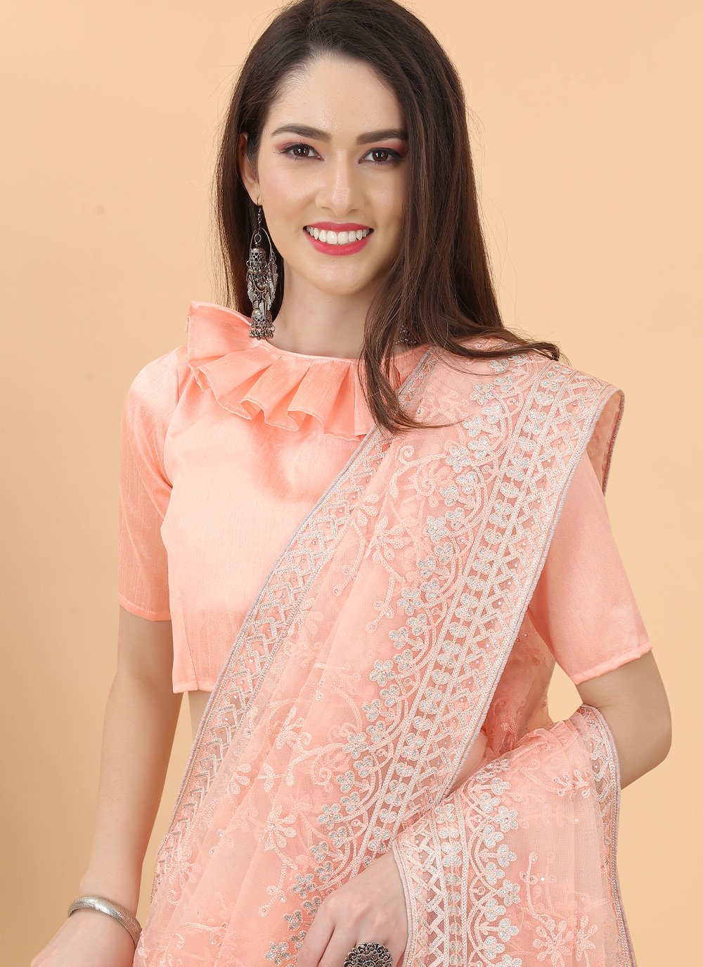 Classic Net Peach Aari Work Saree