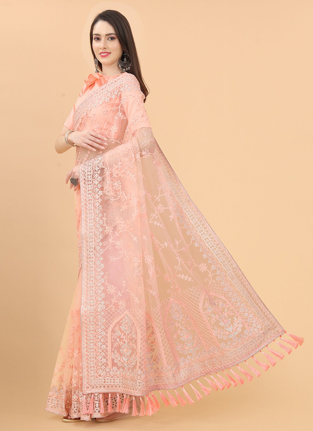 Classic Net Peach Aari Work Saree