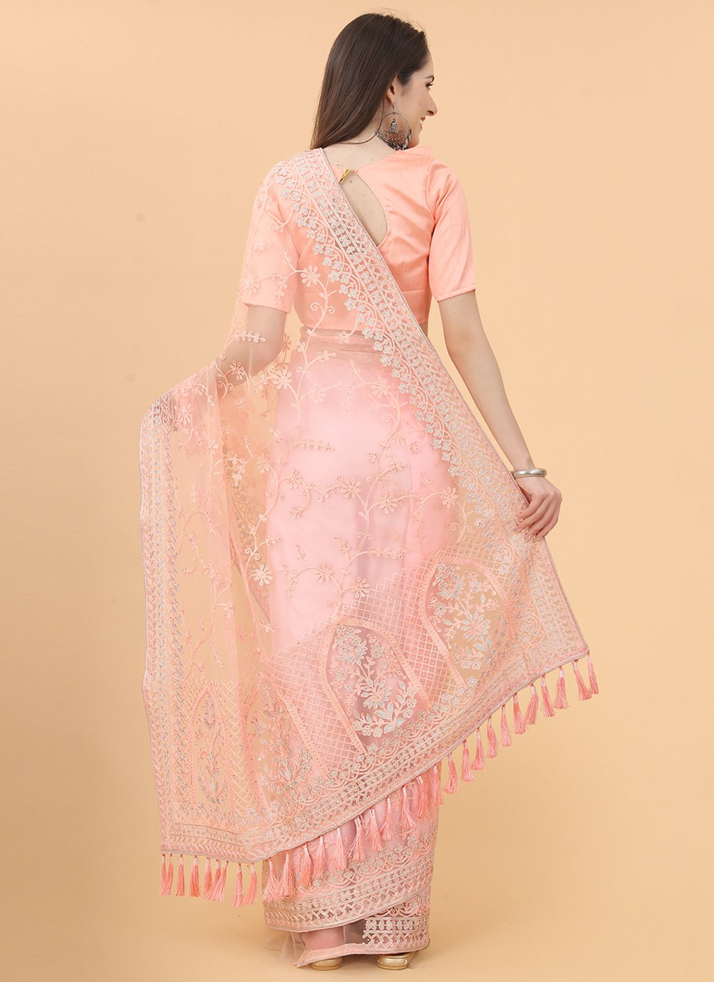 Classic Net Peach Aari Work Saree