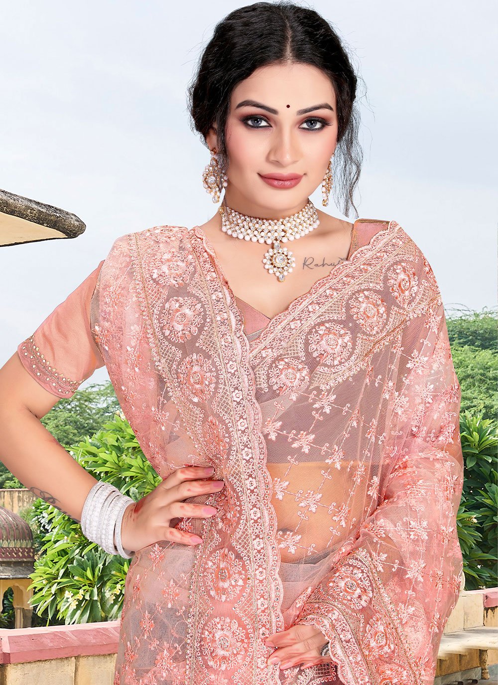 Classic Net Peach Diamond Saree