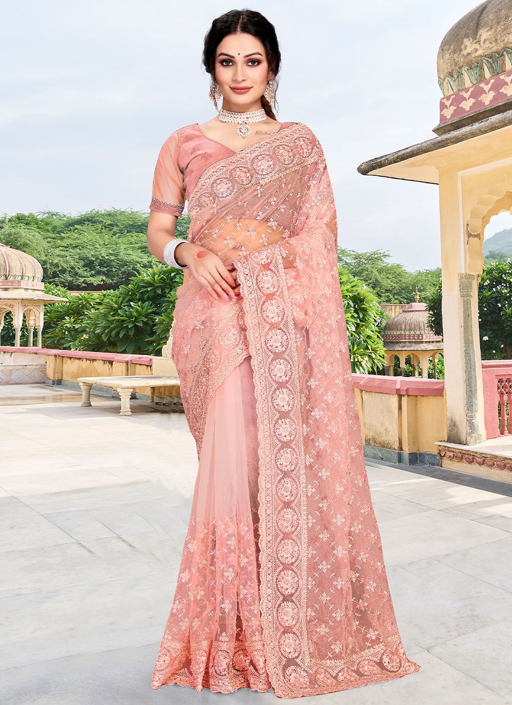 Classic Net Peach Diamond Saree