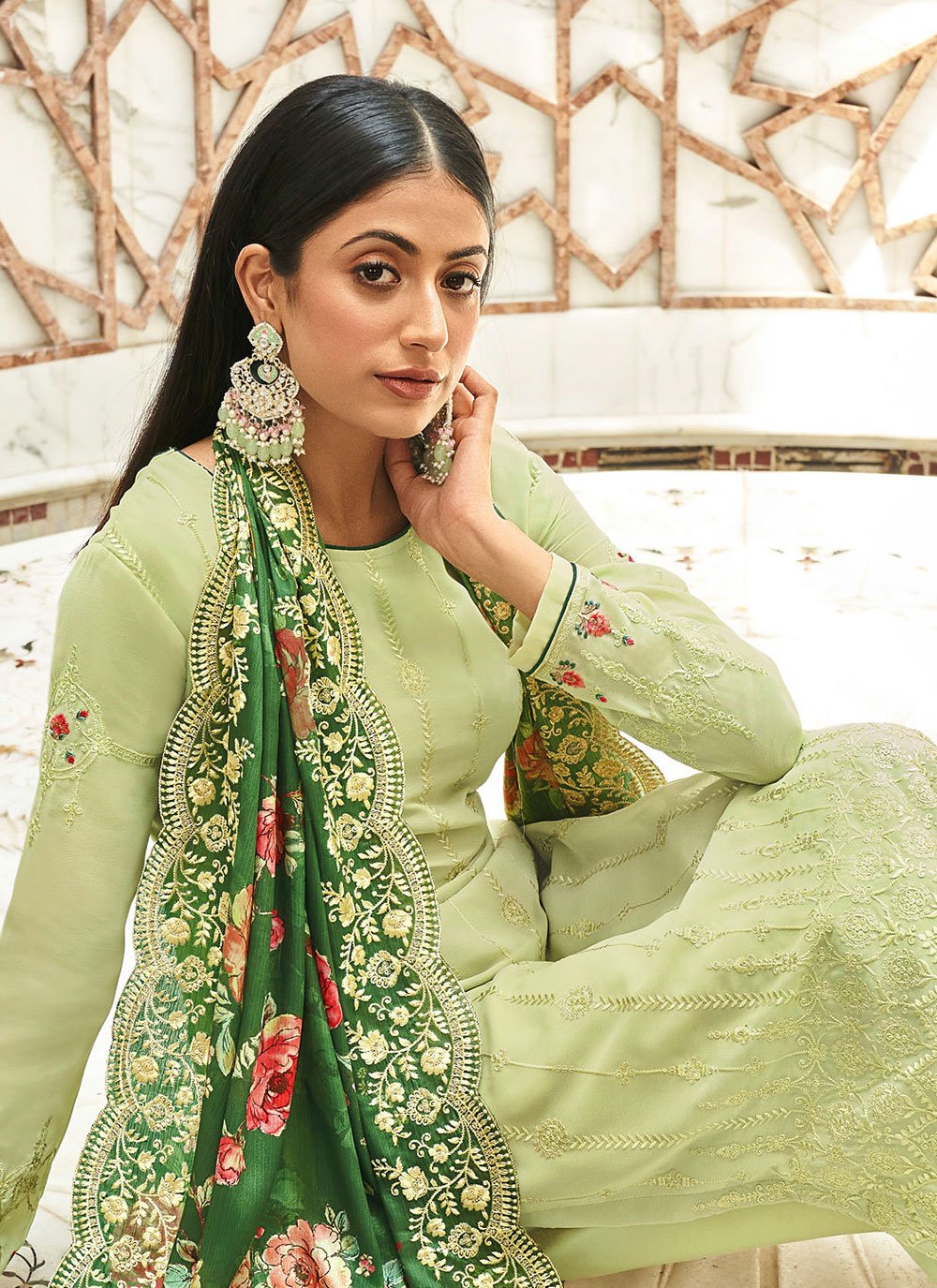 Palazzo Salwar Suit Georgette Sea Green Diamond Salwar Kameez