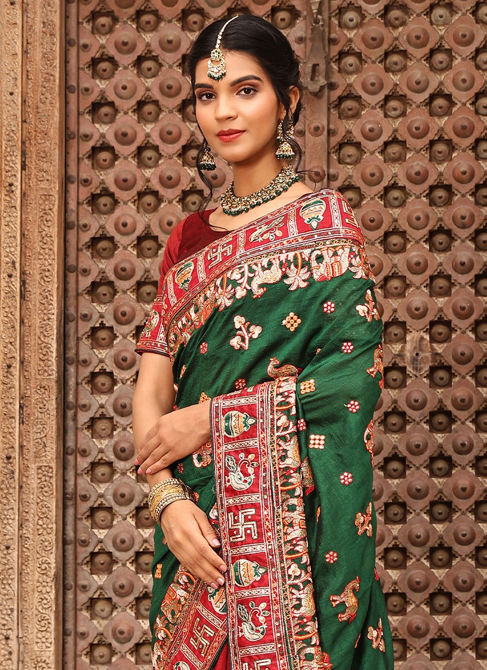 Classic Silk Green Red Diamond Saree