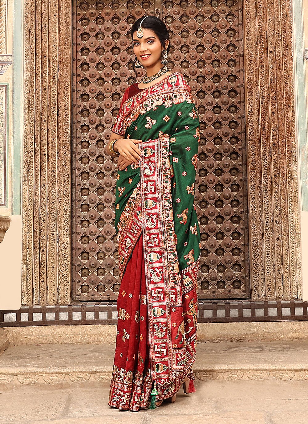 Classic Silk Green Red Diamond Saree