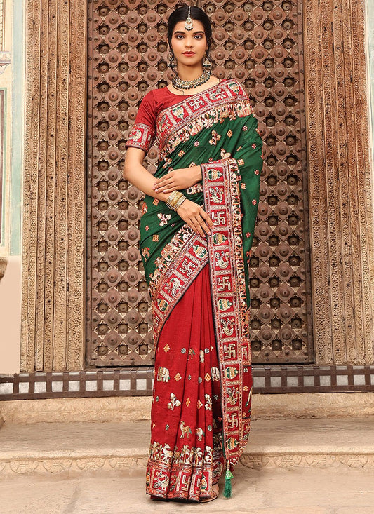 Classic Silk Green Red Diamond Saree