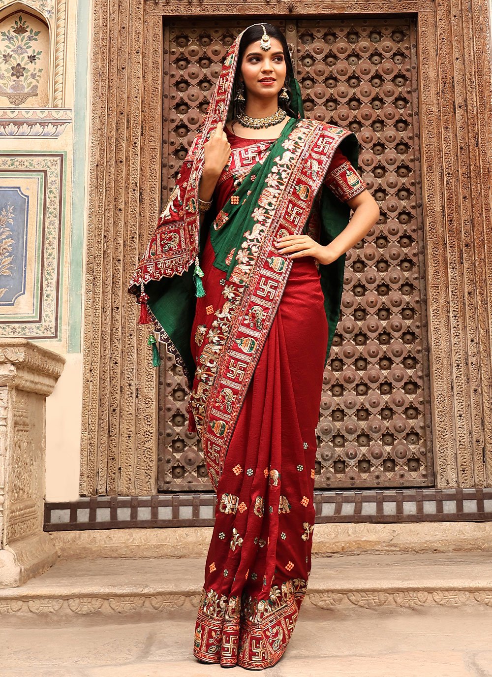 Classic Silk Green Red Diamond Saree