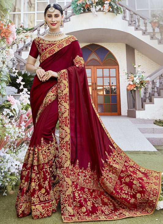 Designer Silk Maroon Diamond Saree