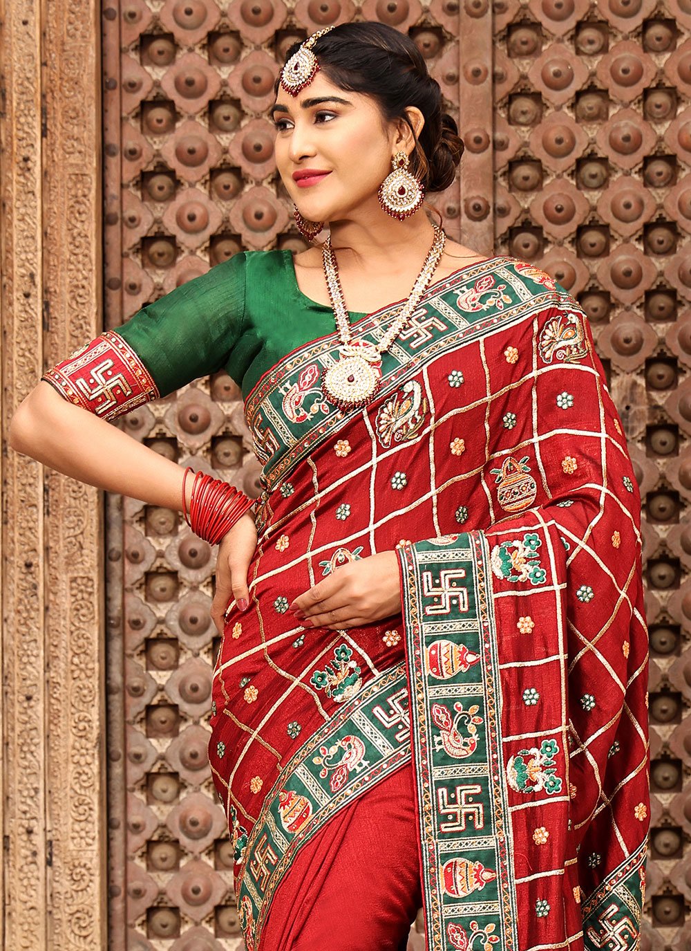 Contemporary Silk Red Diamond Saree